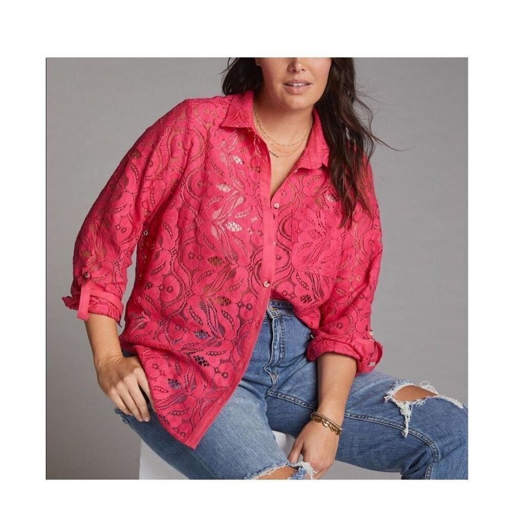 NEW Anthropologie Maeve Lace Eyelet Button Down Shirt in Pink Size 8